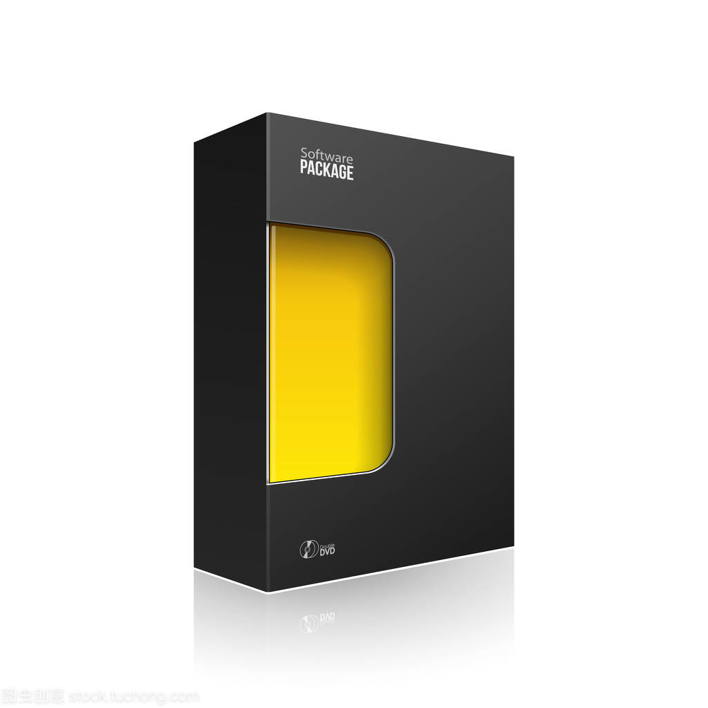 黑色現(xiàn)代軟件產(chǎn)品包裝盒, 帶有黃色橙色窗口, 用于 Dvd 或 Cd 盤(pán)。3d 在白色背景上的插圖被隔離。為您的設(shè)計(jì)做好準(zhǔn)備。包裝.矢量 Eps10